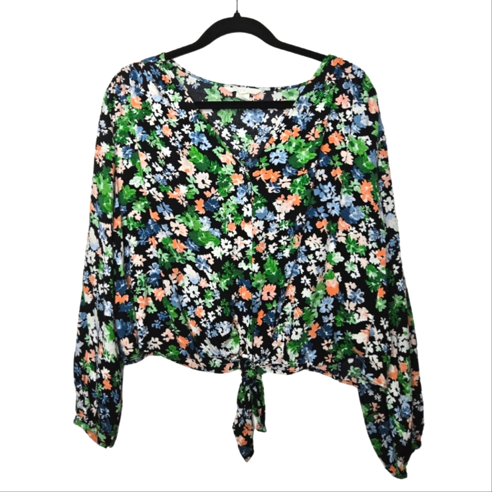 H&M Spring Floral Coquette Front Tie Blouse Longsleeve Buttondown Top Size XL